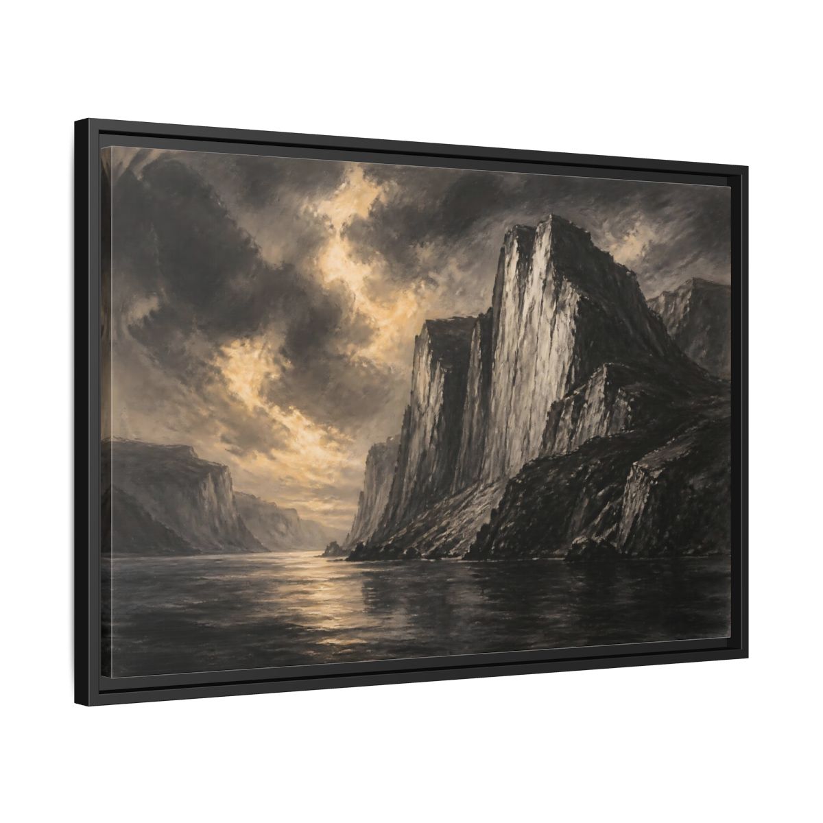 Side Mockup 14. Majestic Sea Cliffs At Dusk shown as framed canvas print