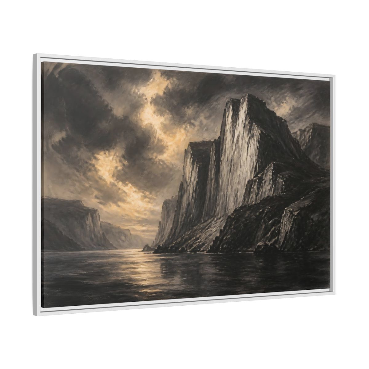 Side Mockup 7. Majestic Sea Cliffs At Dusk shown as framed canvas print