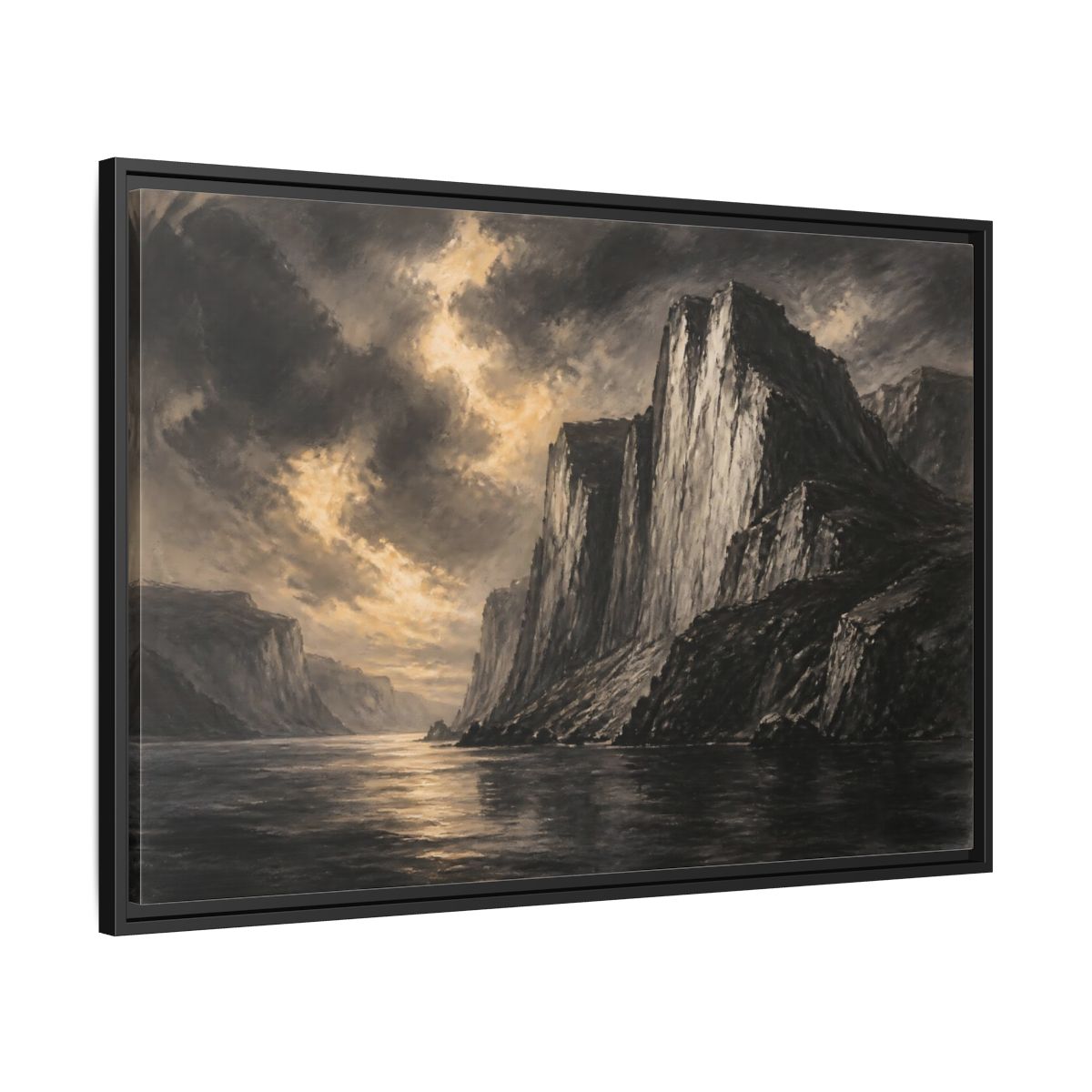 Side Mockup 13. Majestic Sea Cliffs At Dusk shown as framed canvas print