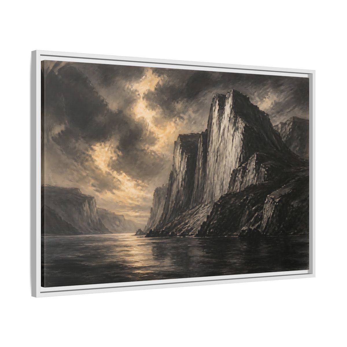 Side Mockup 9. Majestic Sea Cliffs At Dusk shown as framed canvas print