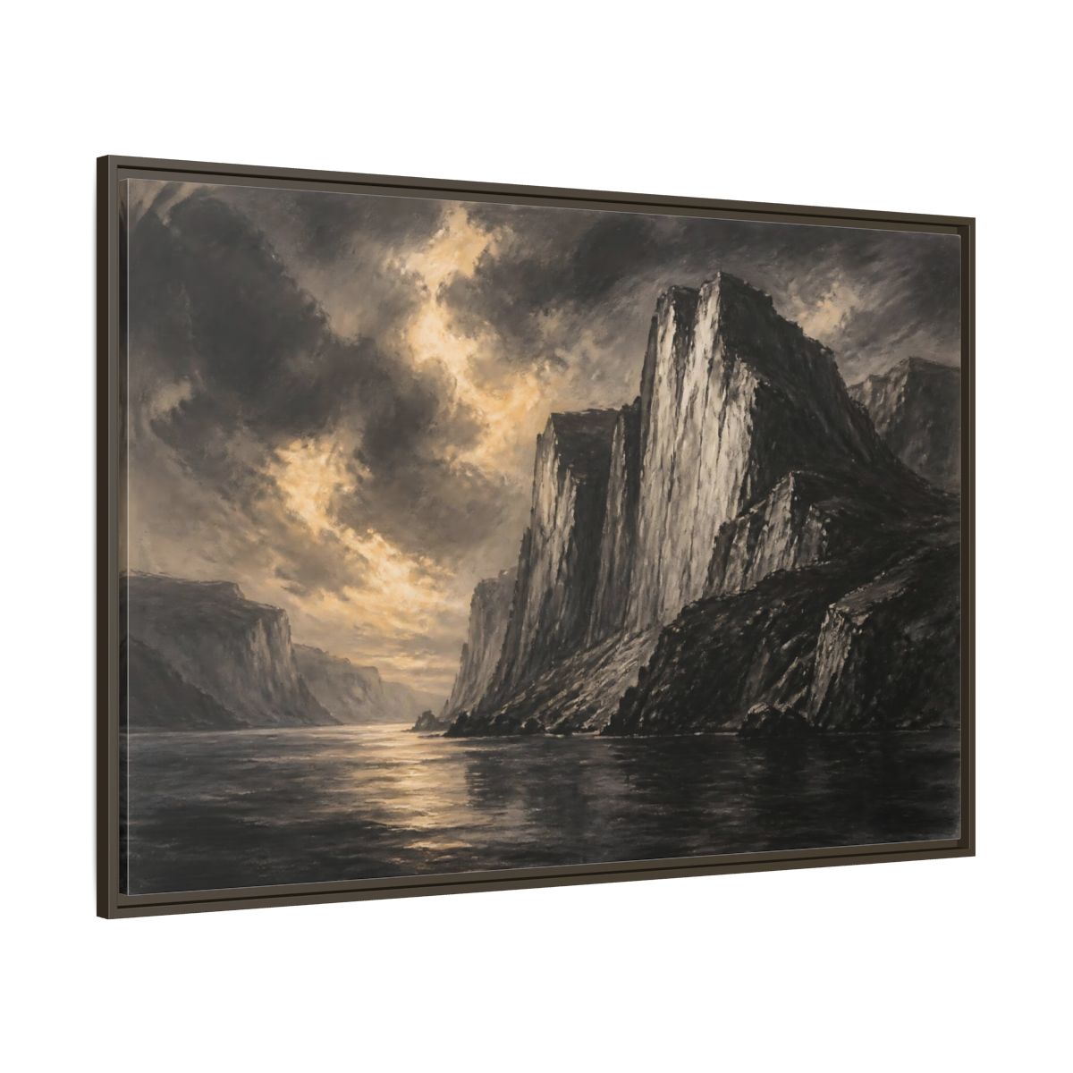 Side Mockup 8. Majestic Sea Cliffs At Dusk shown as framed canvas print