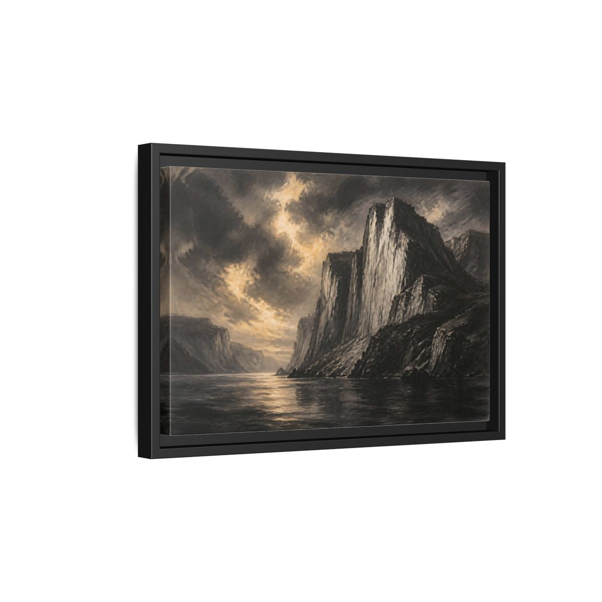 Side Mockup 6. Majestic Sea Cliffs At Dusk shown as framed canvas print