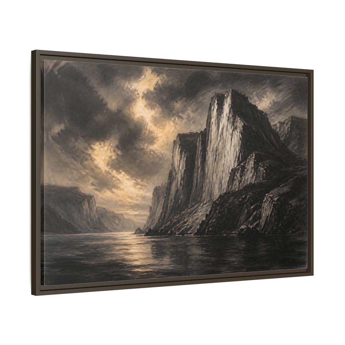 Main Mockup. Majestic Sea Cliffs At Dusk shown as framed canvas print