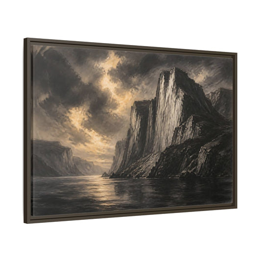 Main Mockup. Majestic Sea Cliffs At Dusk shown as framed canvas print