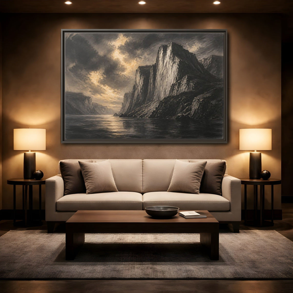 Mockup 2. Majestic Sea Cliffs At Dusk shown as framed canvas print