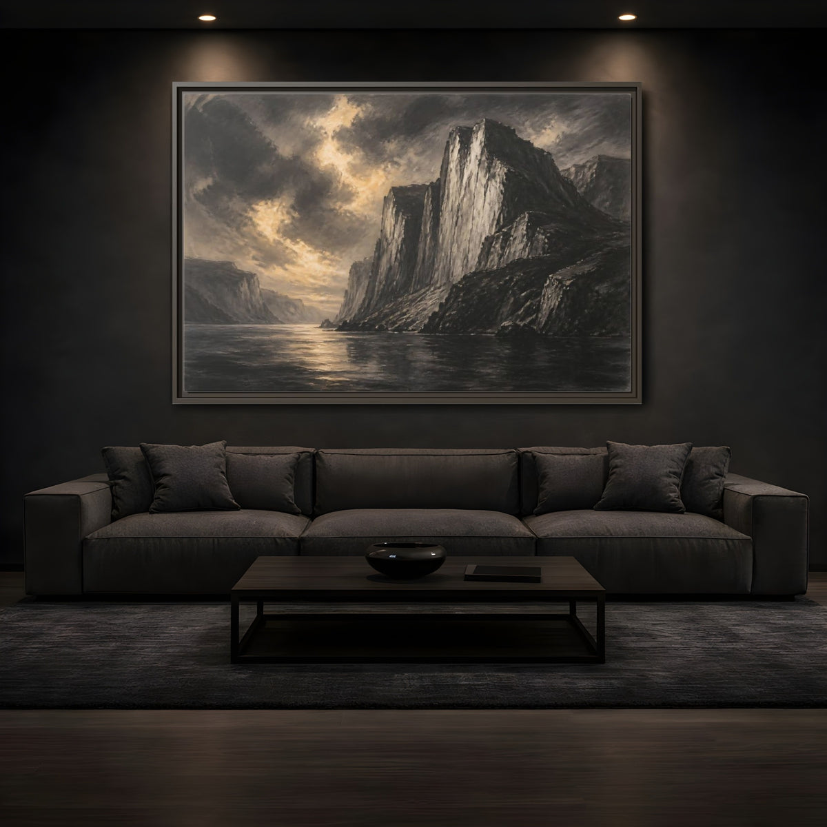 Mockup 3. Majestic Sea Cliffs At Dusk shown as framed canvas print