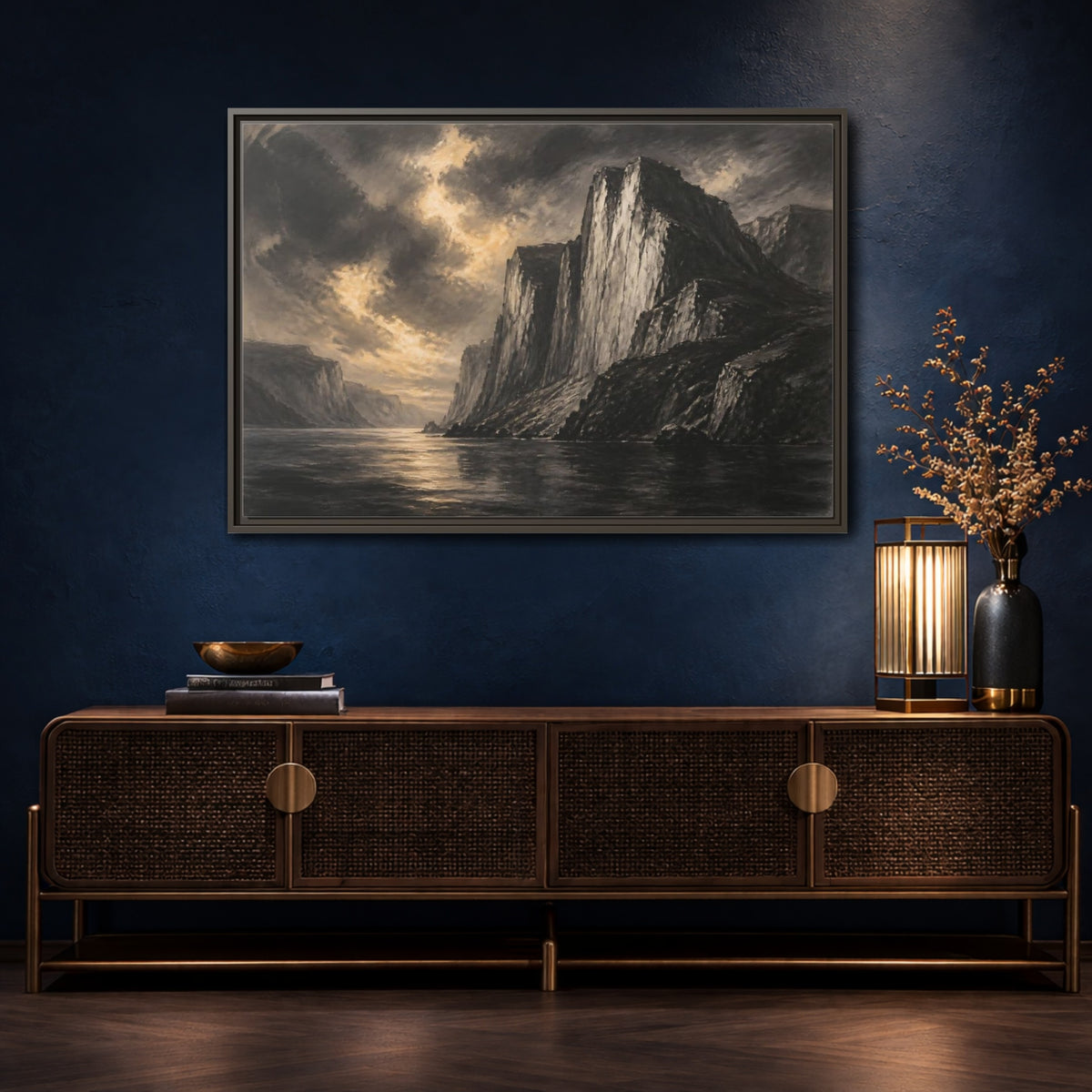 Mockup 4. Majestic Sea Cliffs At Dusk shown as framed canvas print