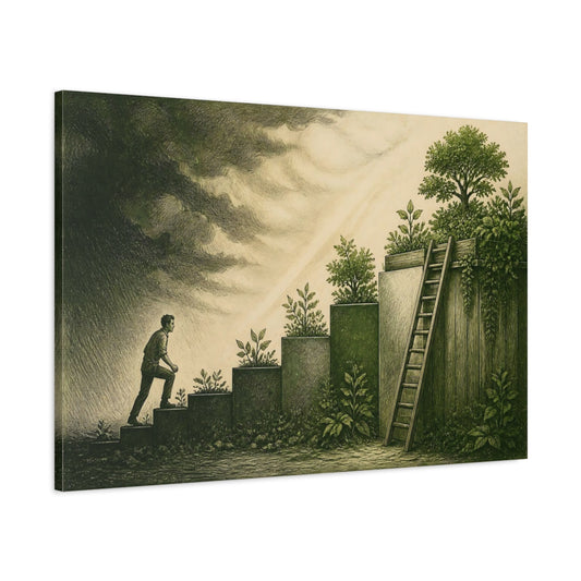 Main Mockup. Man Climbing Garden Steps shown as canvas print
