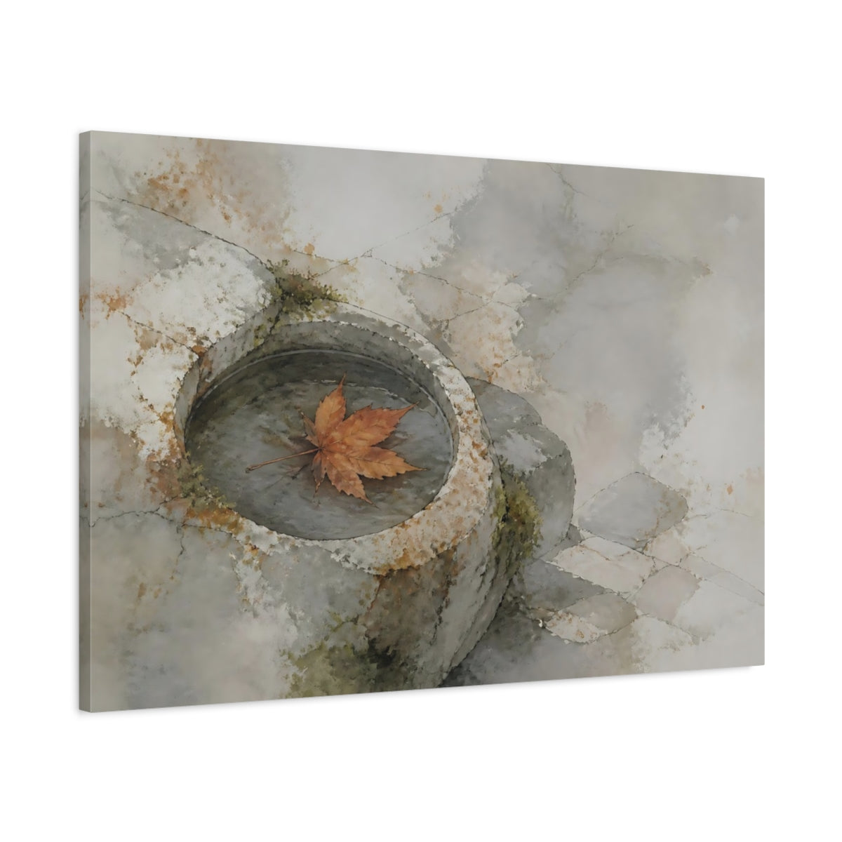 Main Mockup. Maple Leaf In Stone Basin shown as canvas print