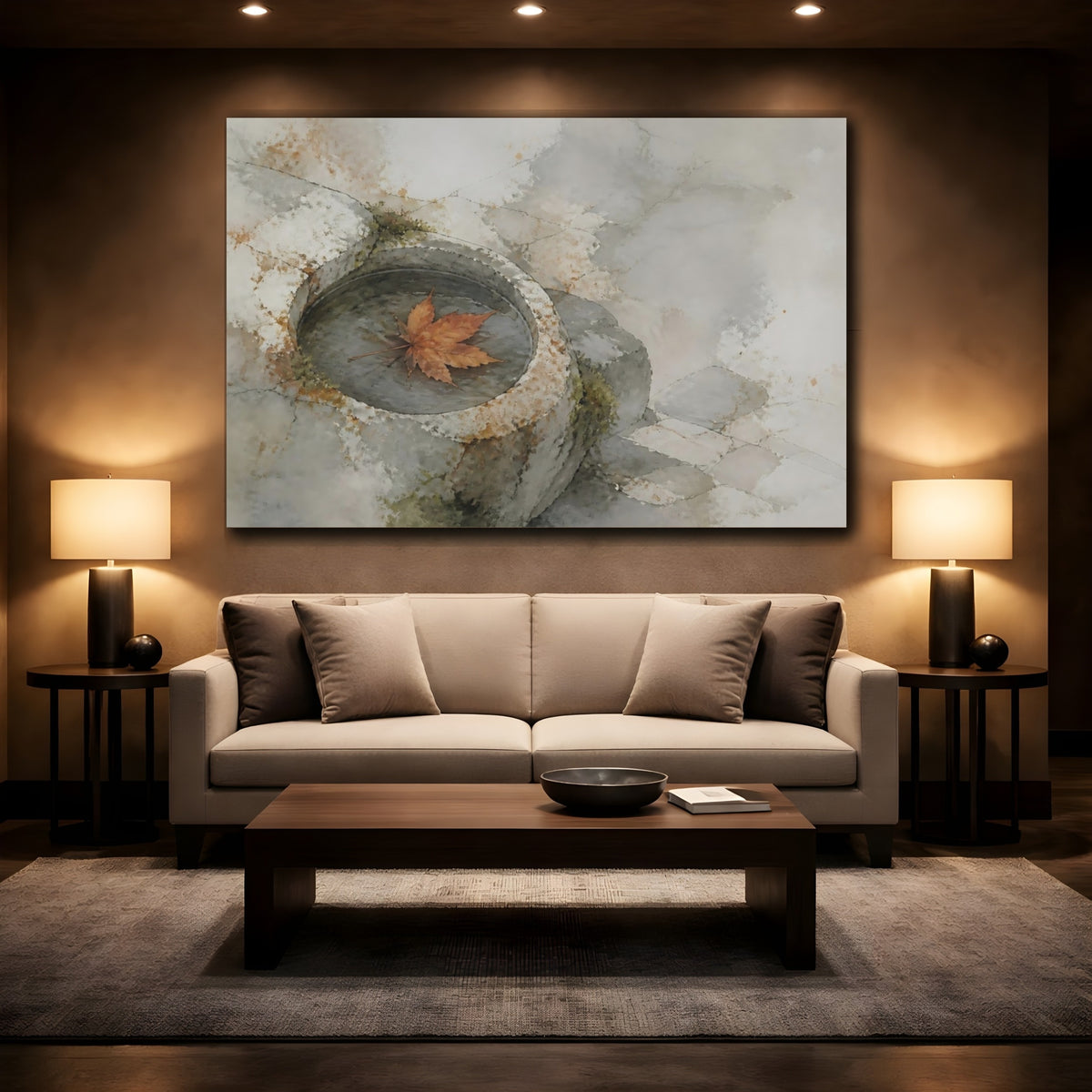 Mockup 2. Maple Leaf In Stone Basin shown as canvas print