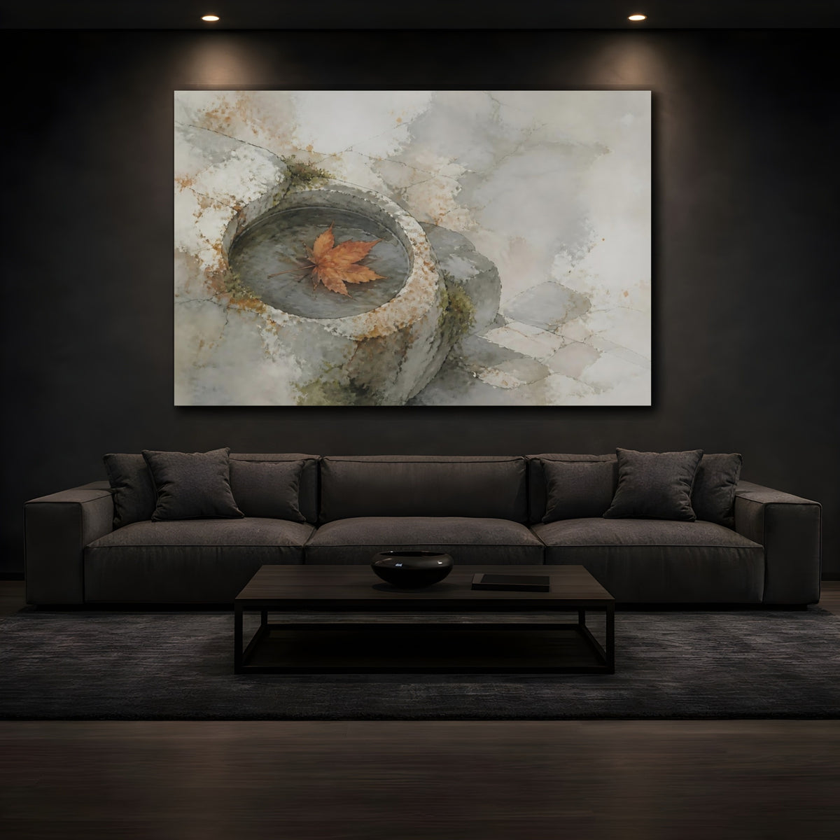 Mockup 3. Maple Leaf In Stone Basin shown as canvas print