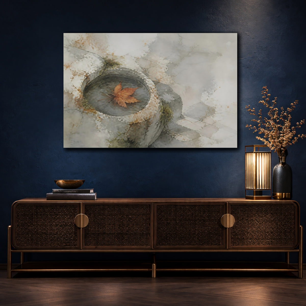 Mockup 4. Maple Leaf In Stone Basin shown as canvas print