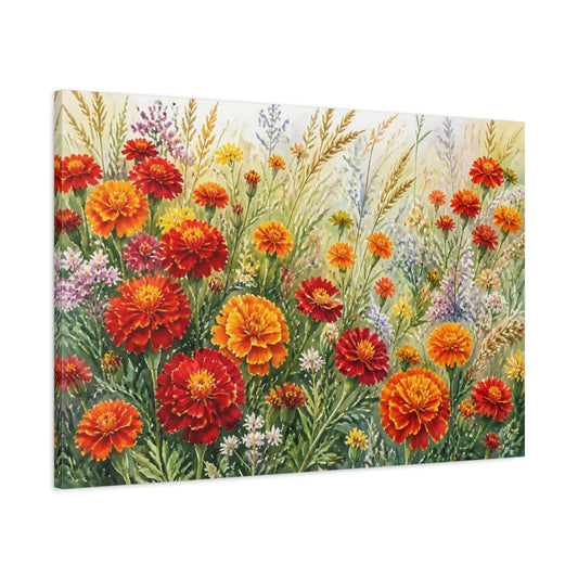 Main Mockup. Marigold Meadow Flowers shown as canvas print