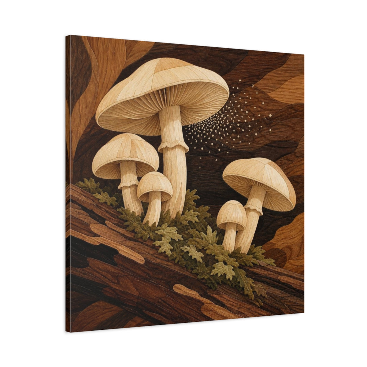 Main Mockup. Marquetry Mushrooms On Log shown as canvas print