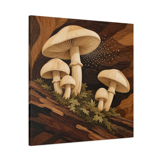 Main Mockup. Marquetry Mushrooms On Log shown as canvas print