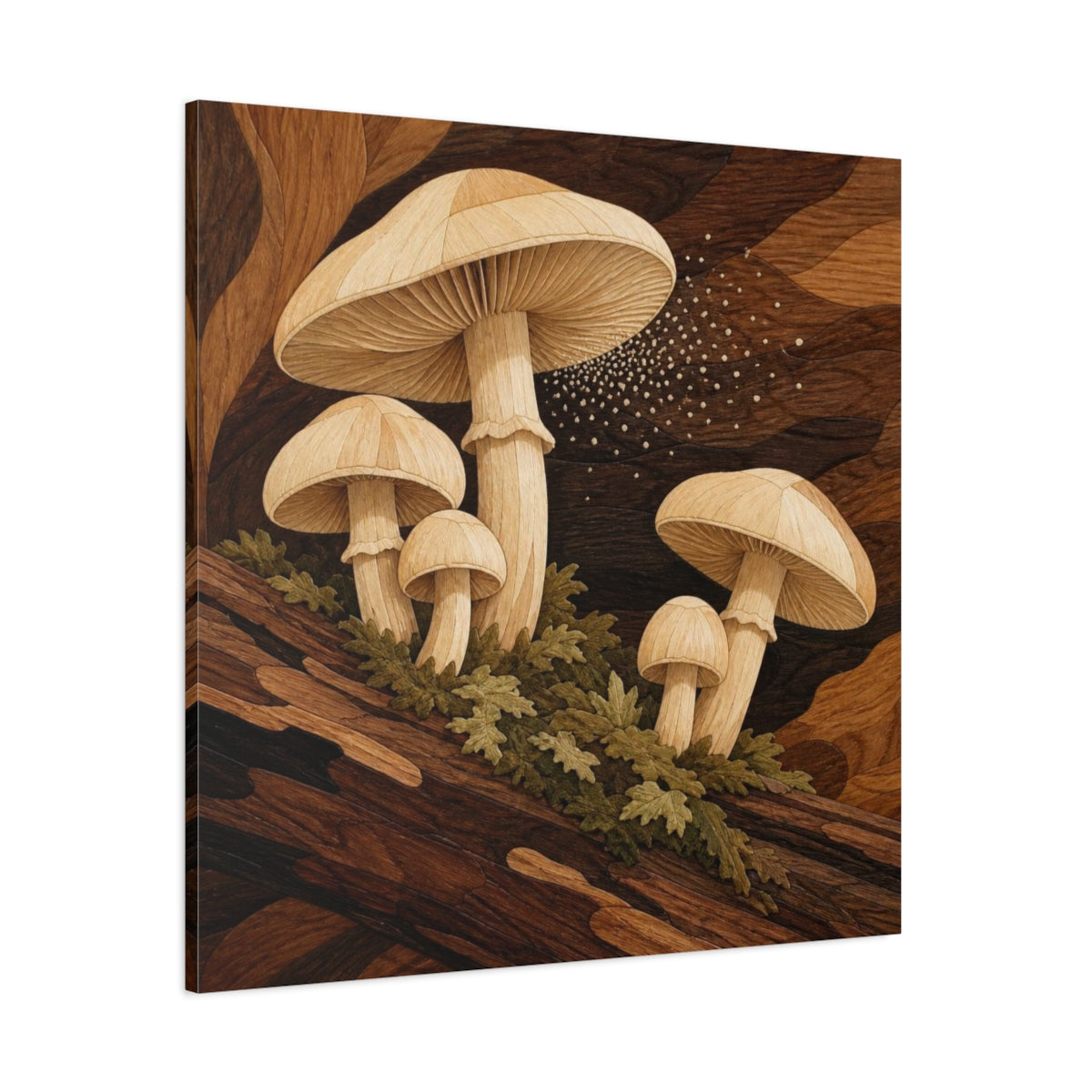 Side Mockup 1. Marquetry Mushrooms On Log shown as canvas print