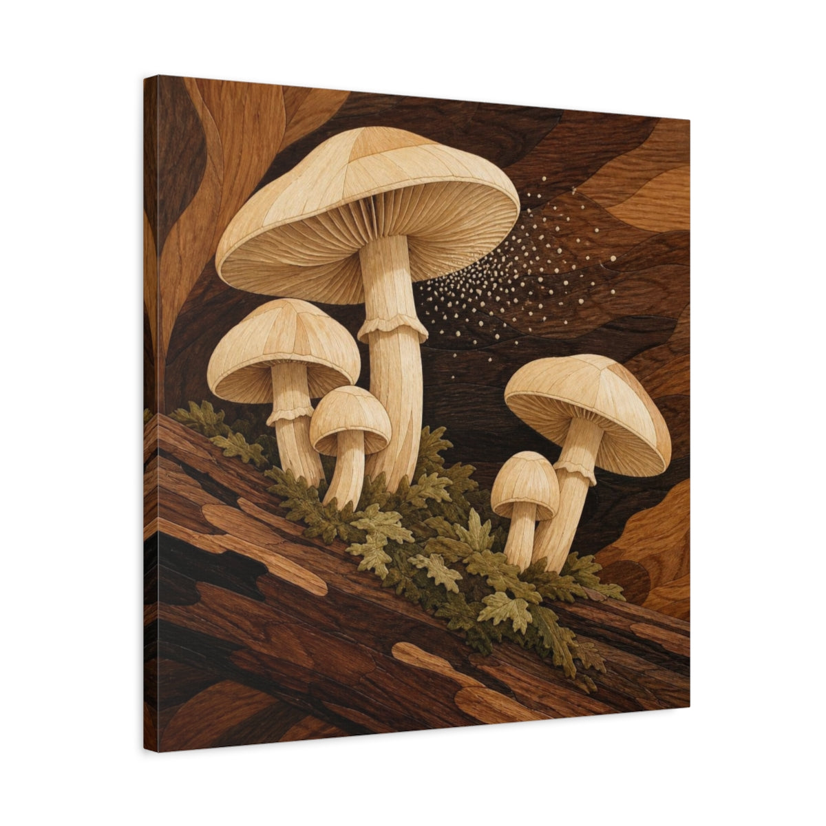 Side Mockup 4. Marquetry Mushrooms On Log shown as canvas print