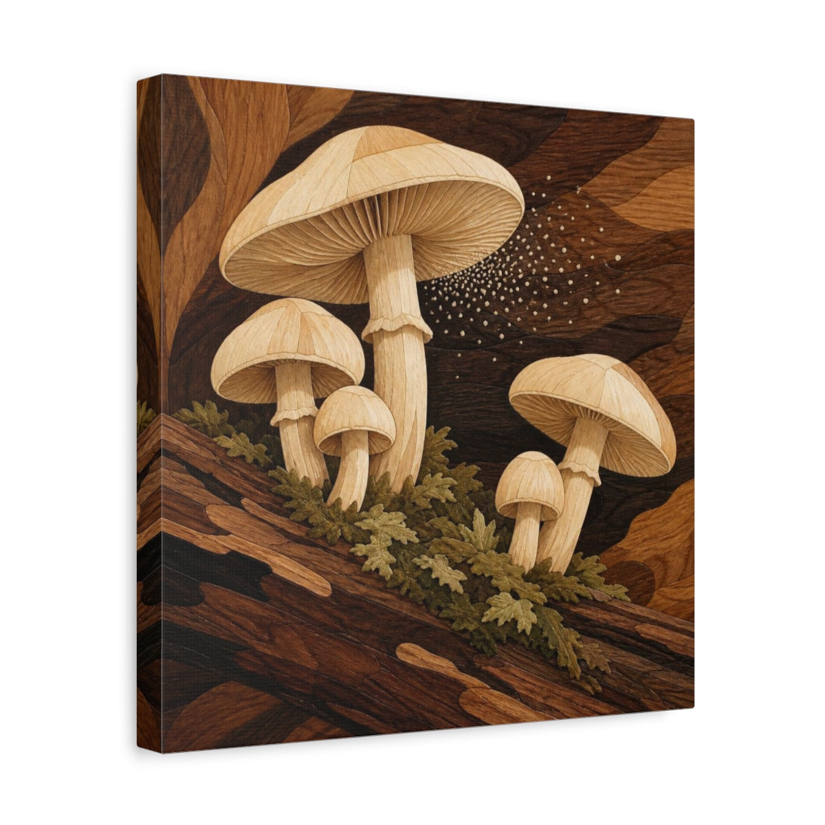 Side Mockup 7. Marquetry Mushrooms On Log shown as canvas print