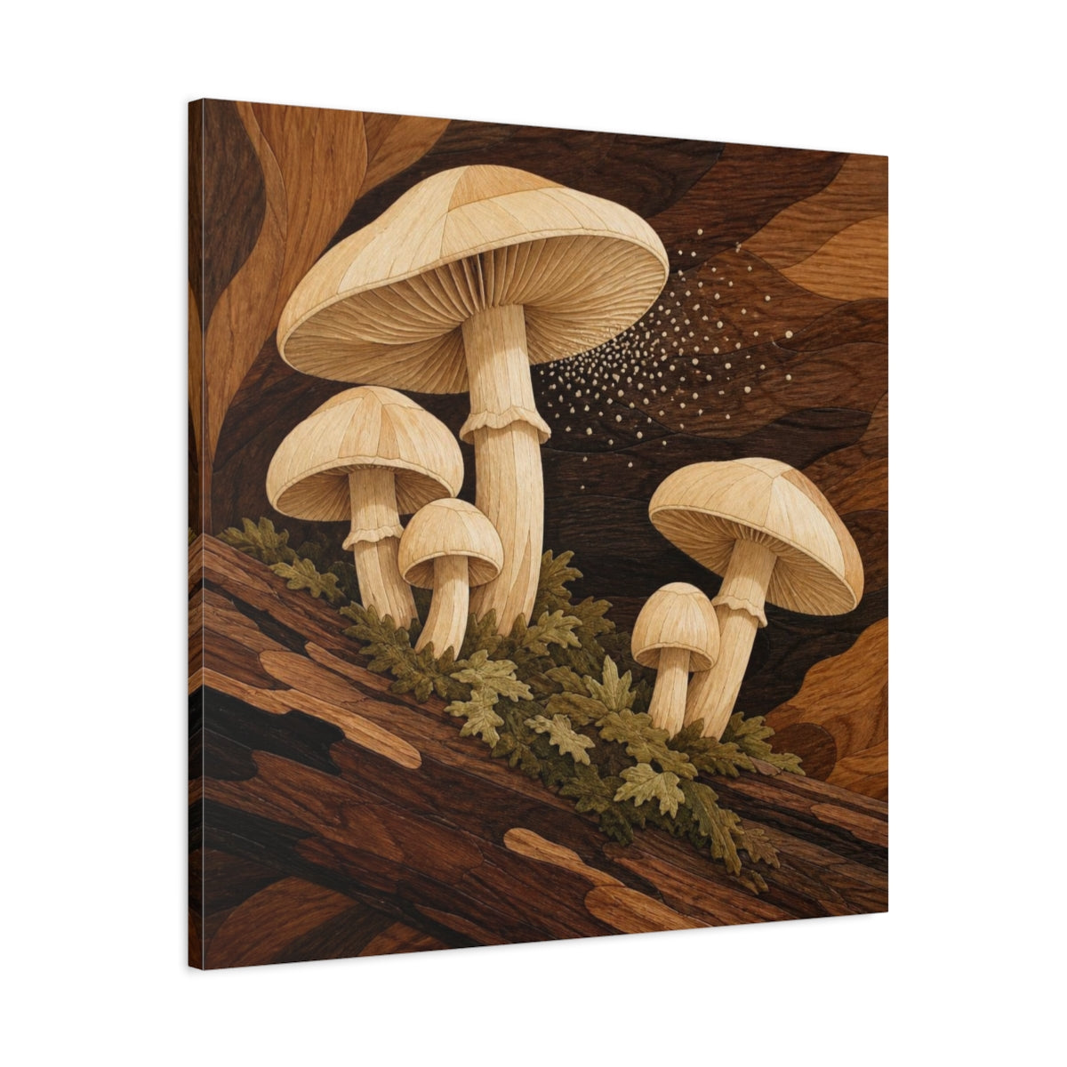Side Mockup 3. Marquetry Mushrooms On Log shown as canvas print
