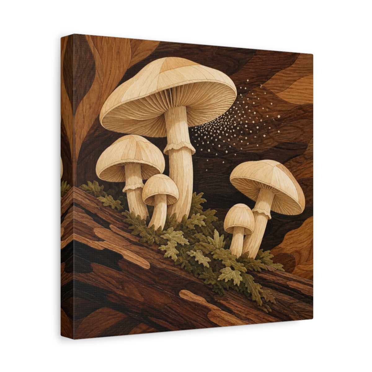Side Mockup 8. Marquetry Mushrooms On Log shown as canvas print