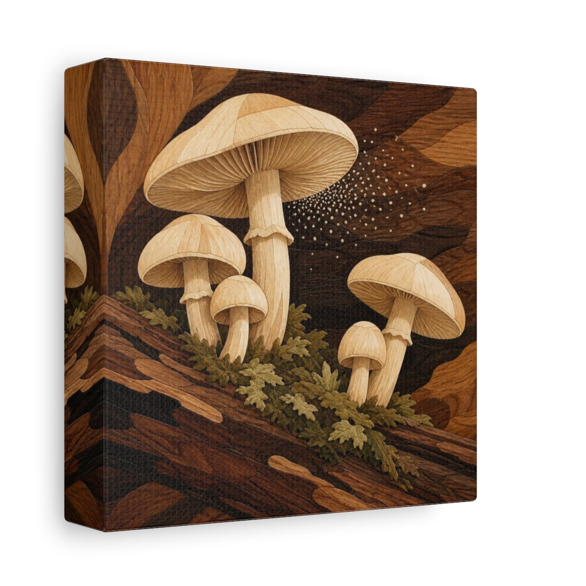 Side Mockup 2. Marquetry Mushrooms On Log shown as canvas print