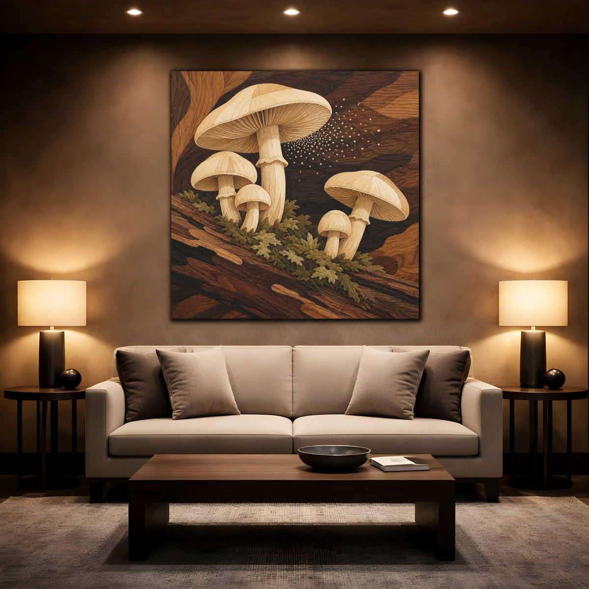 Mockup 2. Marquetry Mushrooms On Log shown as canvas print