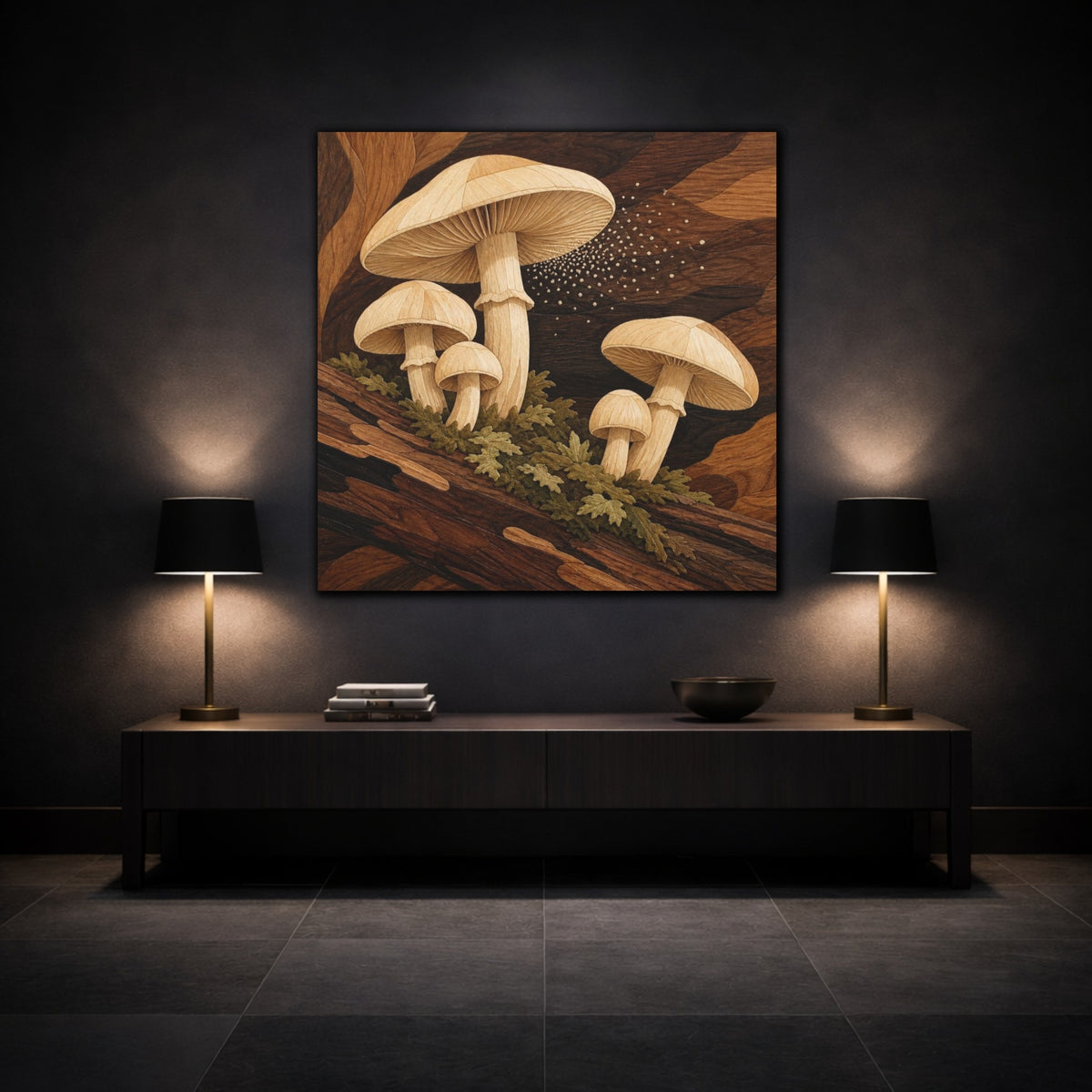 Mockup 3. Marquetry Mushrooms On Log shown as canvas print