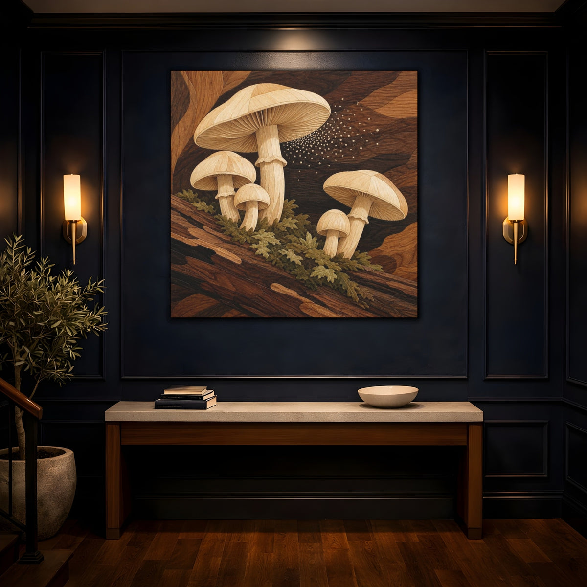 Mockup 4. Marquetry Mushrooms On Log shown as canvas print