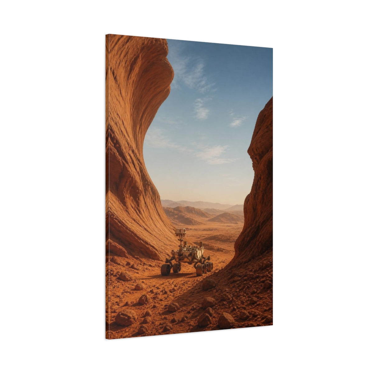 Side Mockup 1. Mars Rover In Ochre Dunes shown as canvas print