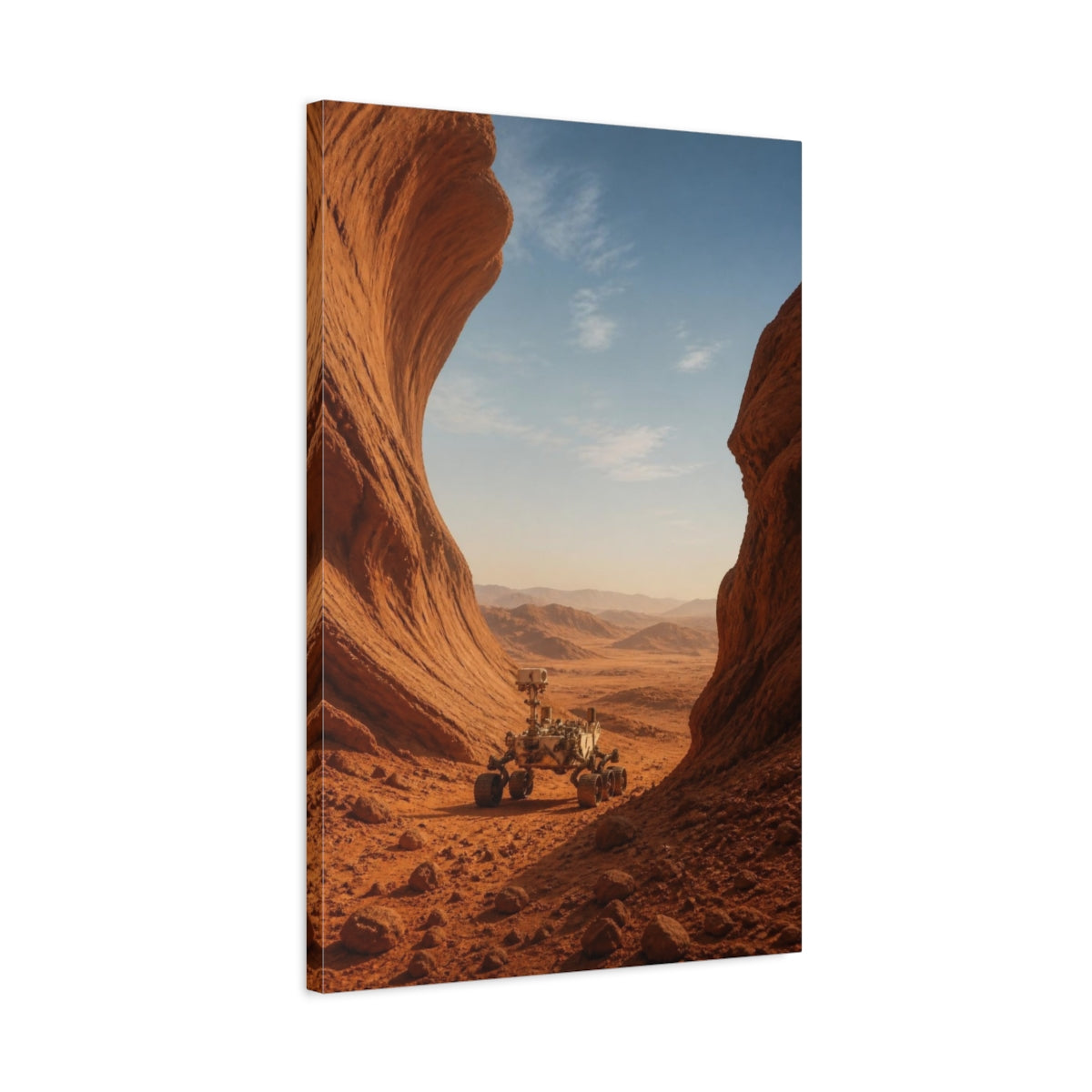 Side Mockup 2. Mars Rover In Ochre Dunes shown as canvas print