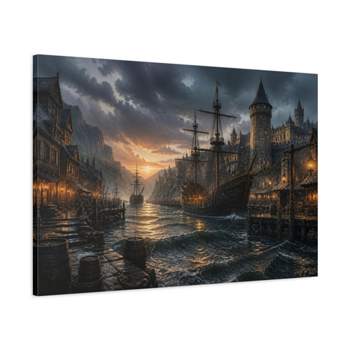 Main Mockup. Medieval Harbor Landscape shown as canvas print