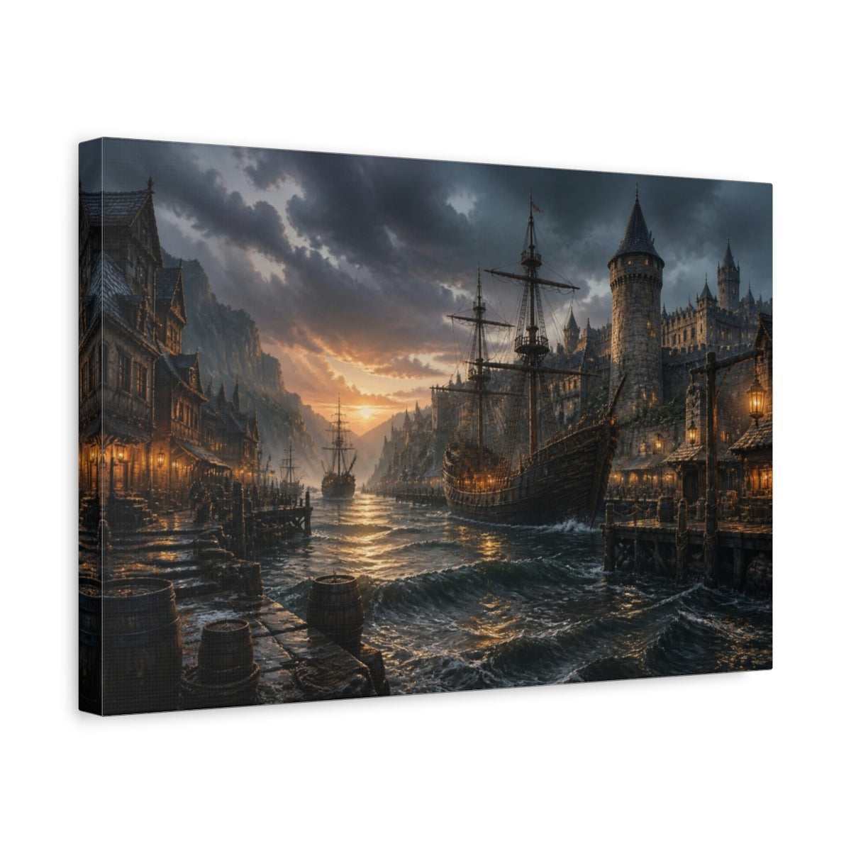 Side Mockup 4. Medieval Harbor Landscape shown as canvas print