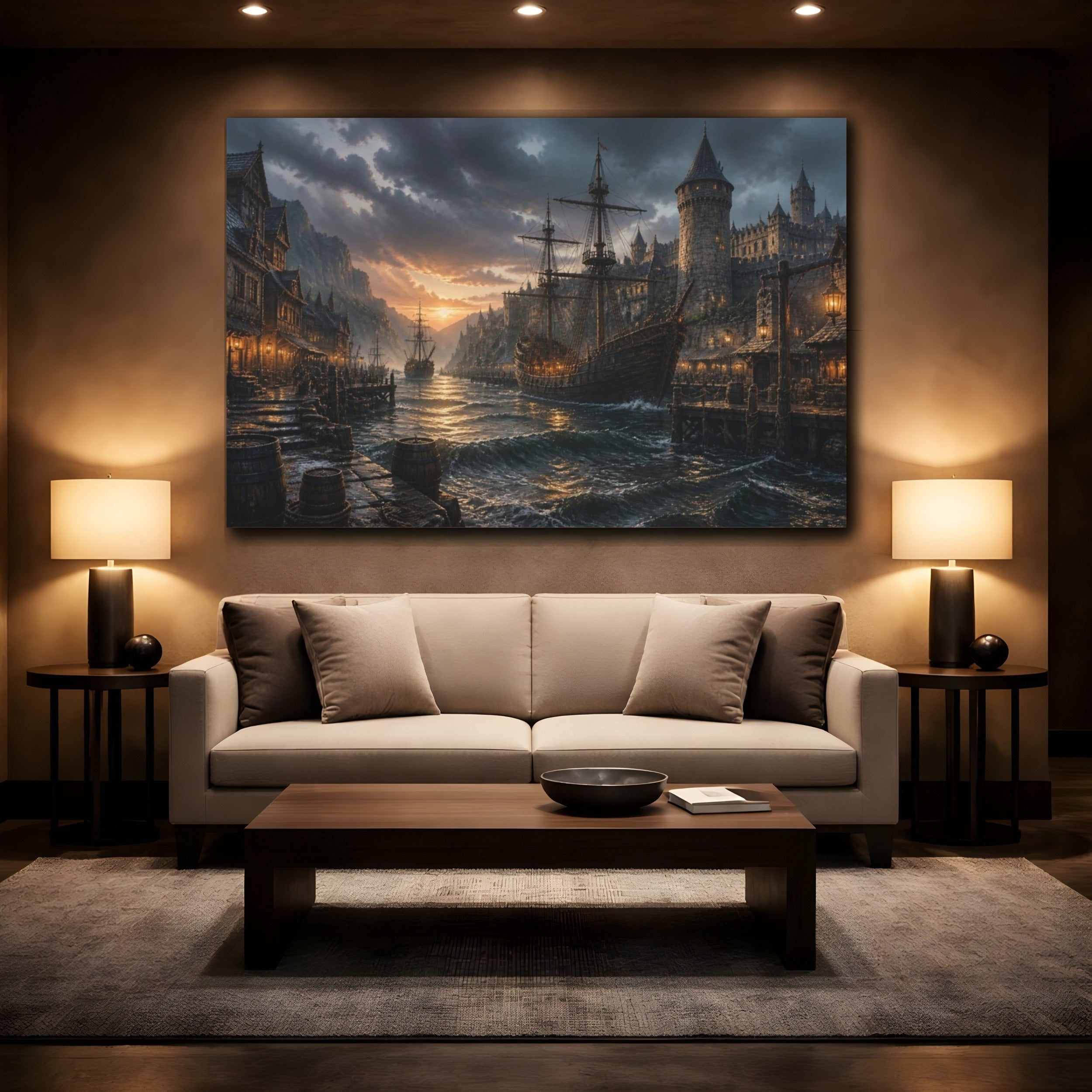 Mockup 2. Medieval Harbor Landscape shown as canvas print