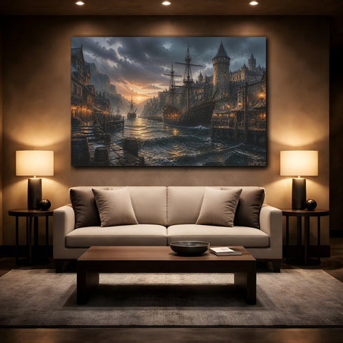 Mockup 2. Medieval Harbor Landscape shown as canvas print