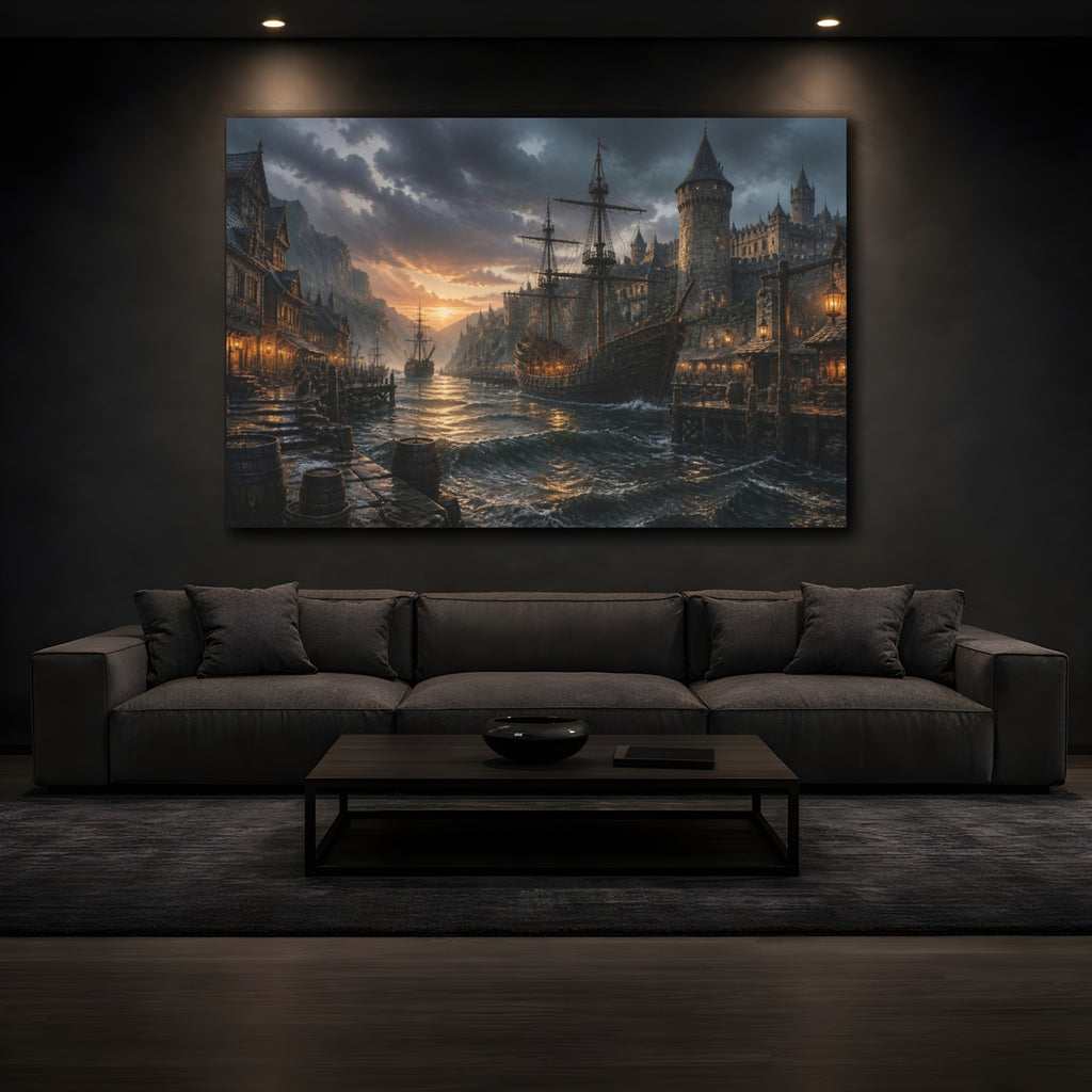 Mockup 3. Medieval Harbor Landscape shown as canvas print