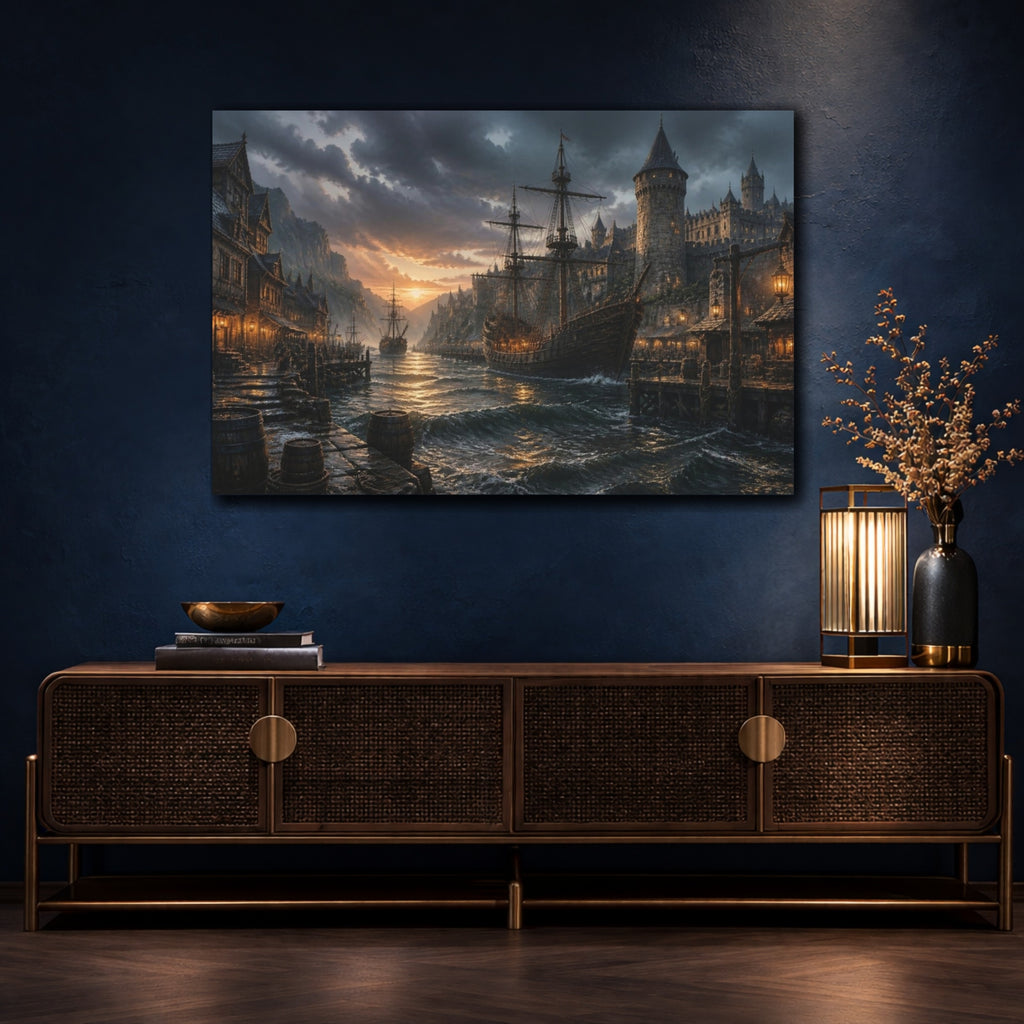 Mockup 4. Medieval Harbor Landscape shown as canvas print