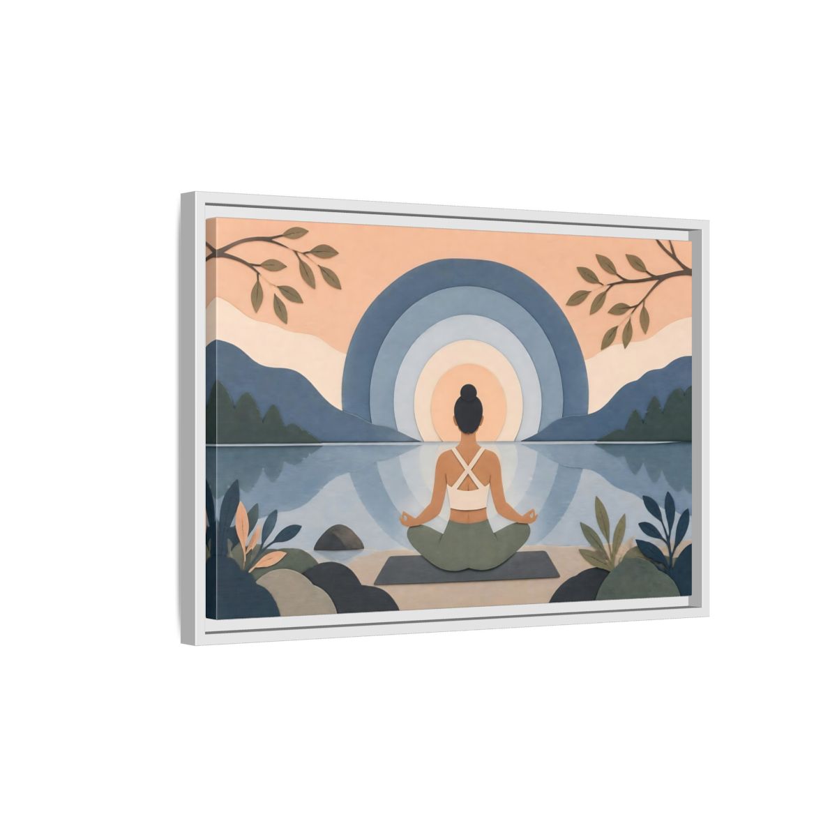 Side Mockup 1. Meditation By The Lake shown as framed canvas print