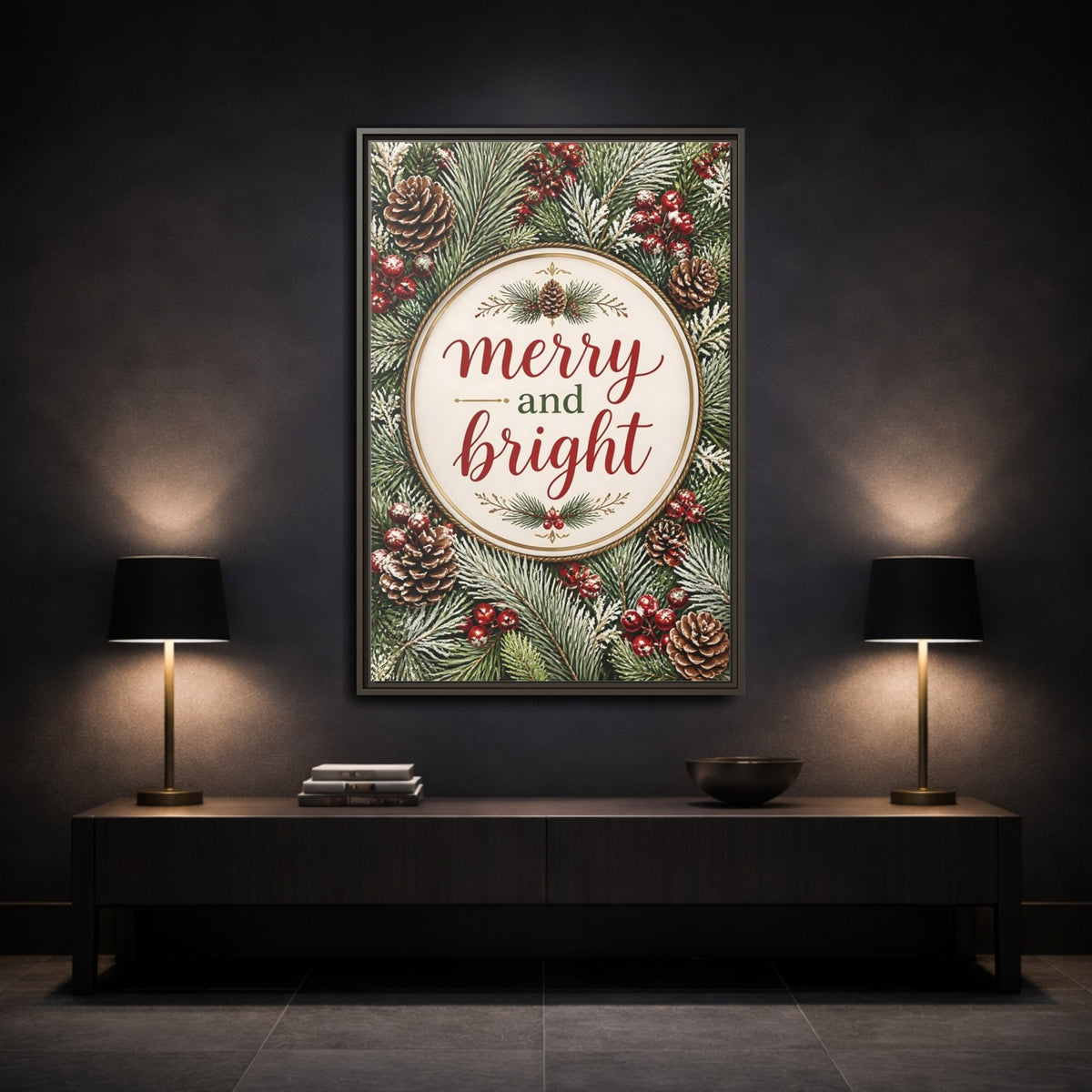 Mockup 3. Merry And Bright Quote Sign shown as framed canvas print
