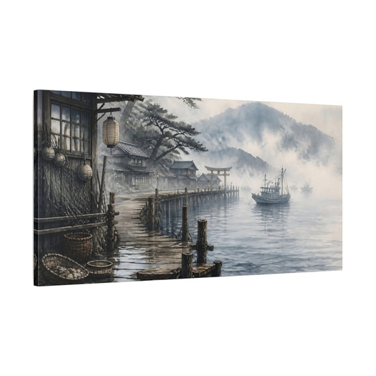 Main Mockup. Misty Fishing Pier shown as canvas print