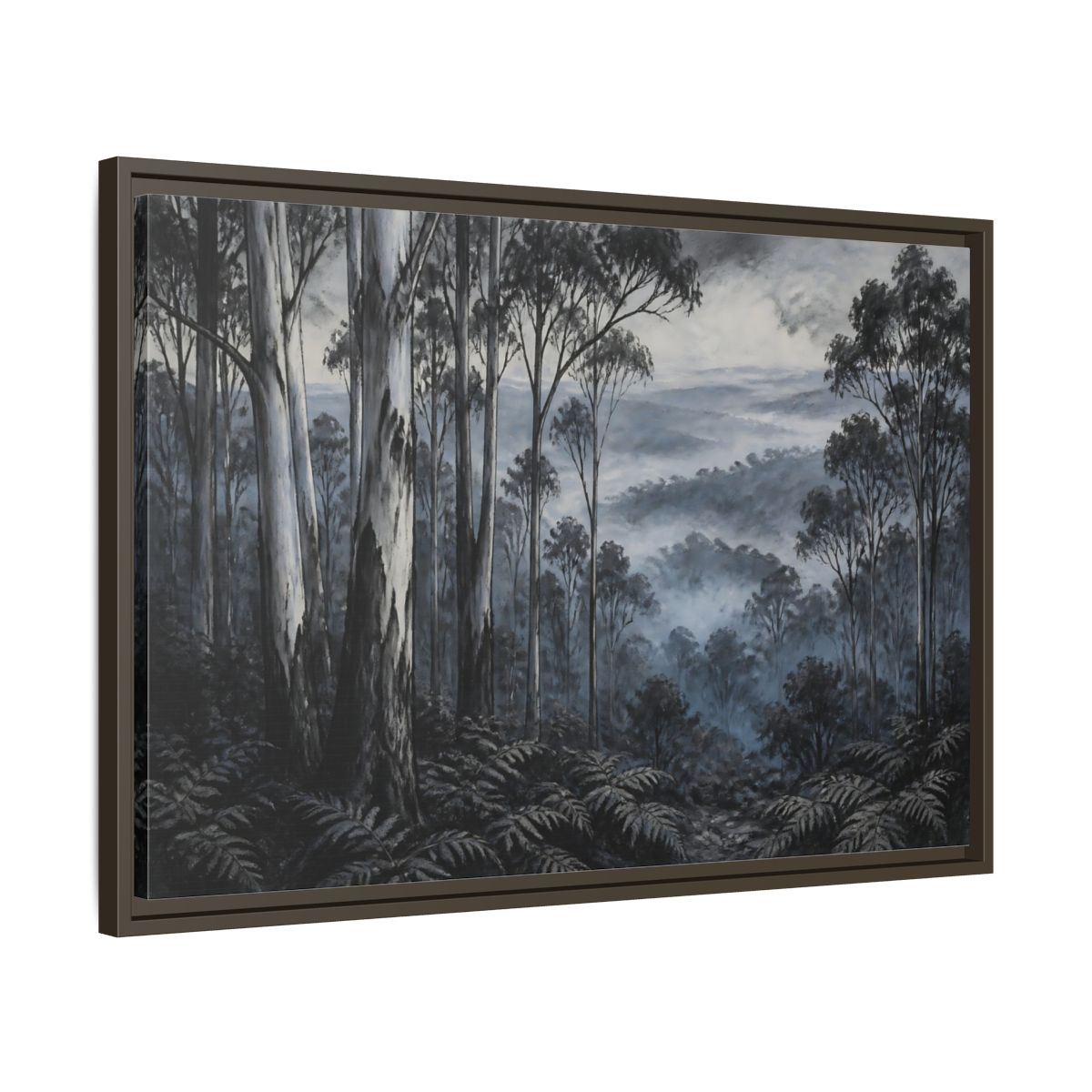 Side Mockup 11. Misty Forest Trees shown as framed canvas print