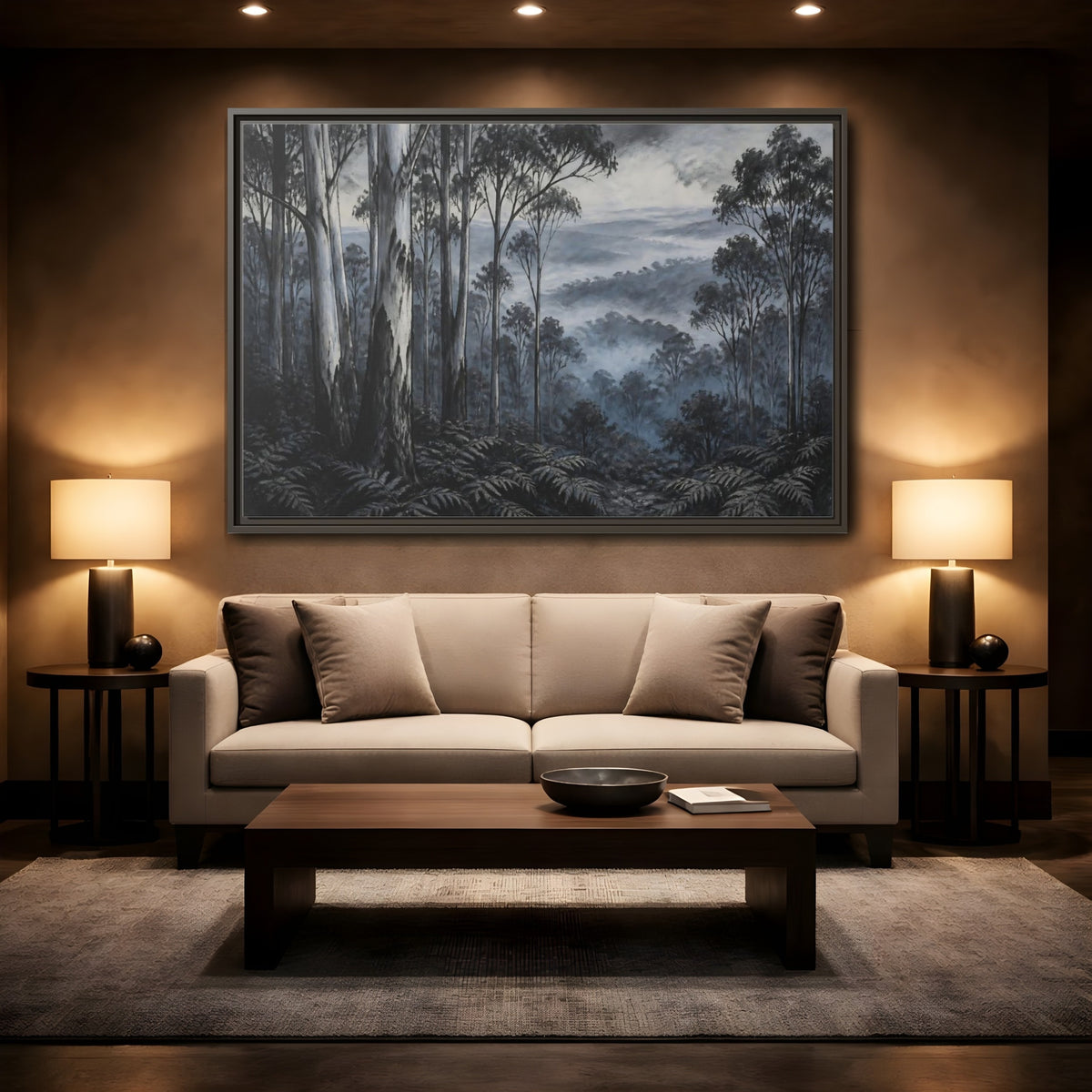 Mockup 2. Misty Forest Trees shown as framed canvas print