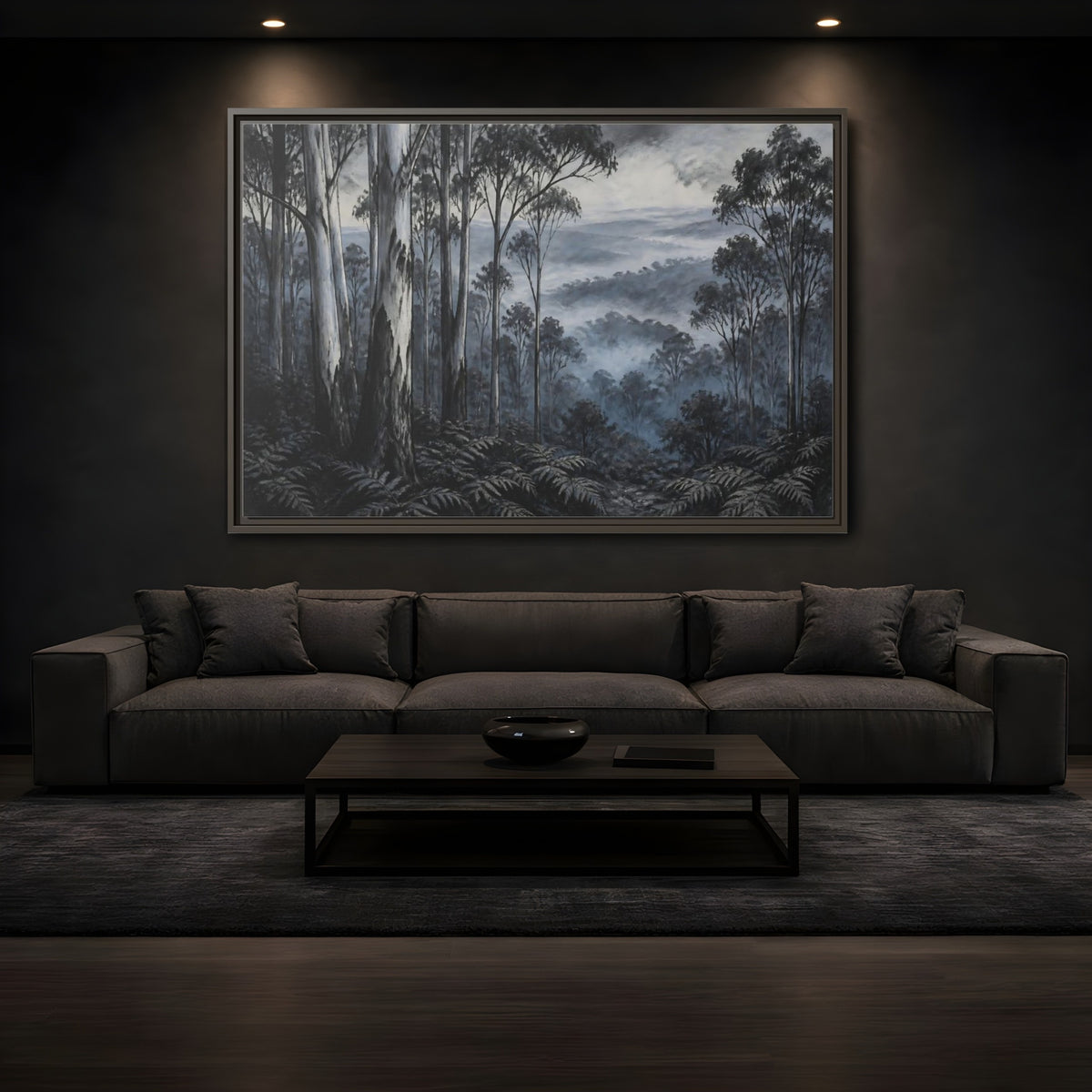 Mockup 3. Misty Forest Trees shown as framed canvas print