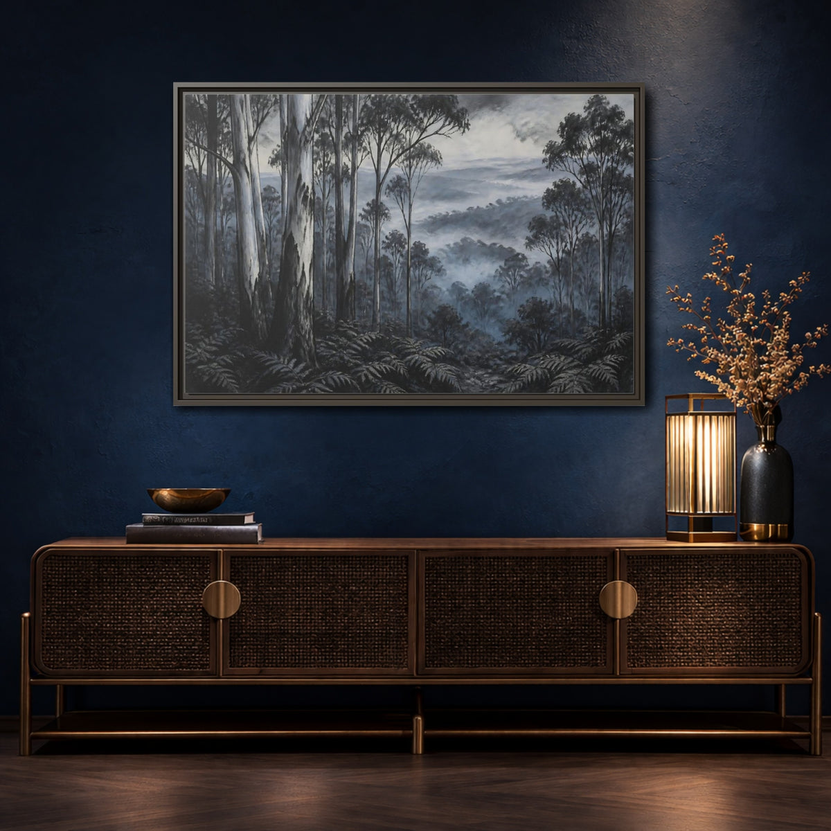 Mockup 4. Misty Forest Trees shown as framed canvas print