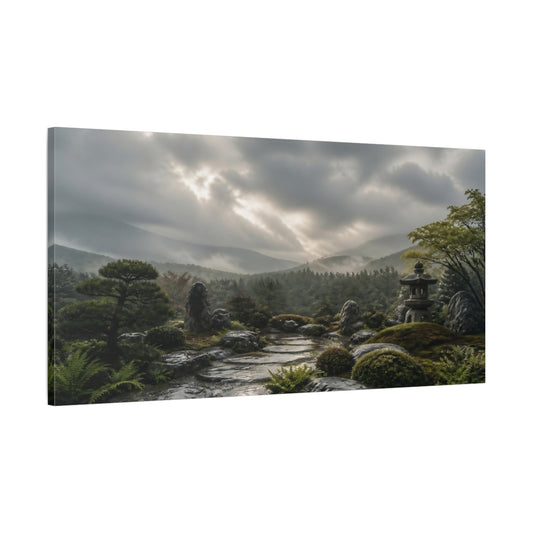 Main Mockup. Misty Garden Path With Lantern shown as canvas print