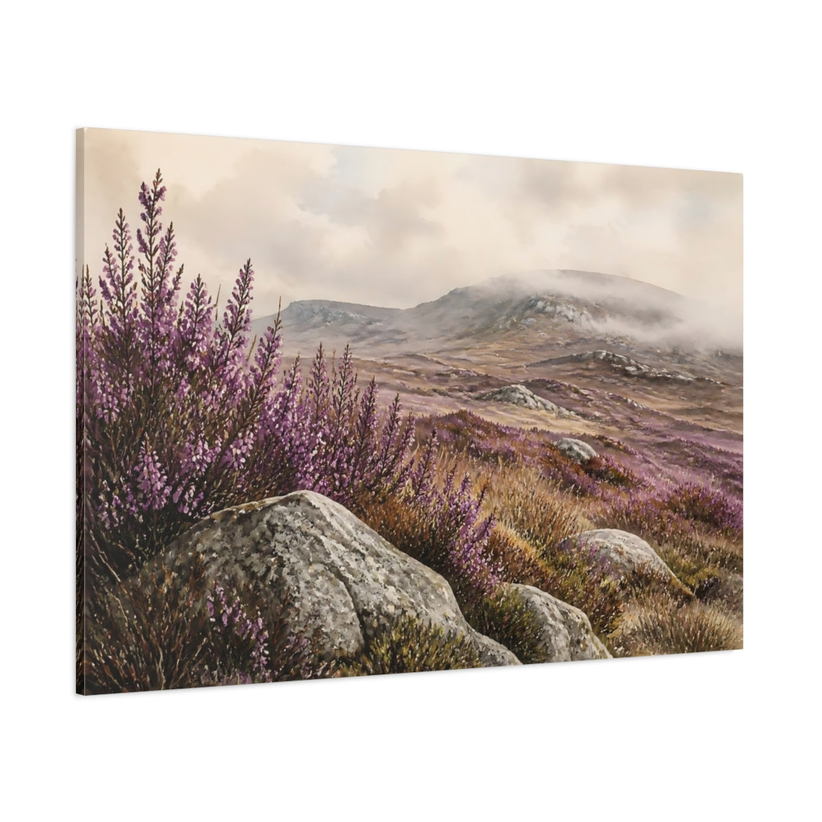 Side Mockup 1. Misty Heather Moorland shown as canvas print