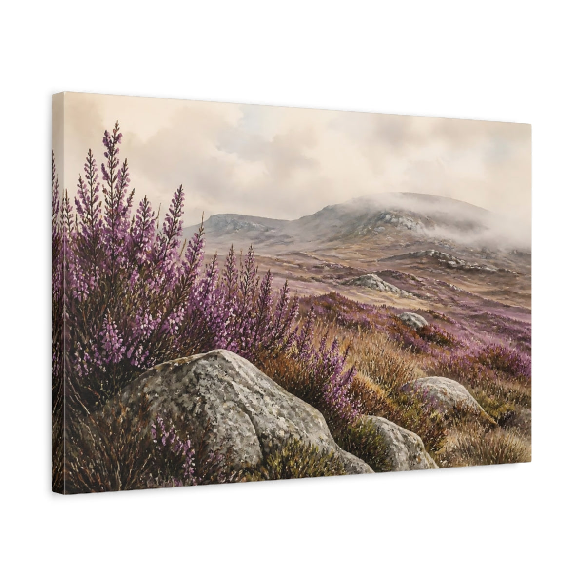 Side Mockup 3. Misty Heather Moorland shown as canvas print