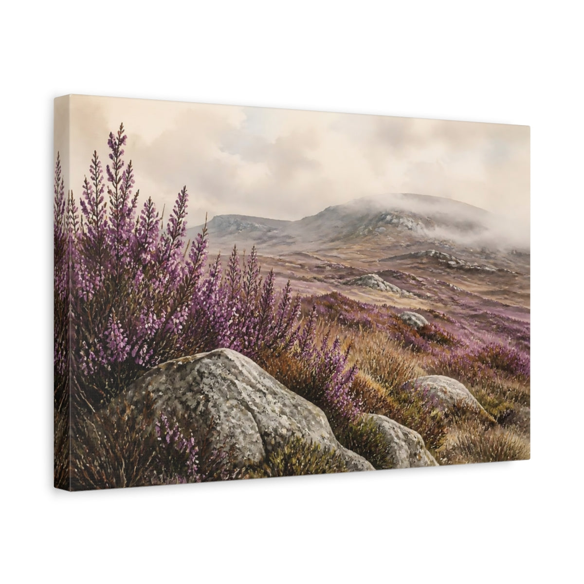 Side Mockup 4. Misty Heather Moorland shown as canvas print