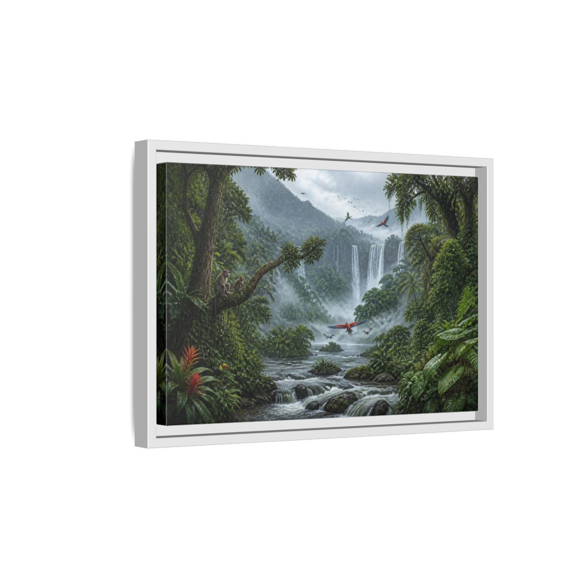 Side Mockup 4. Misty Jungle Waterfall shown as framed canvas print