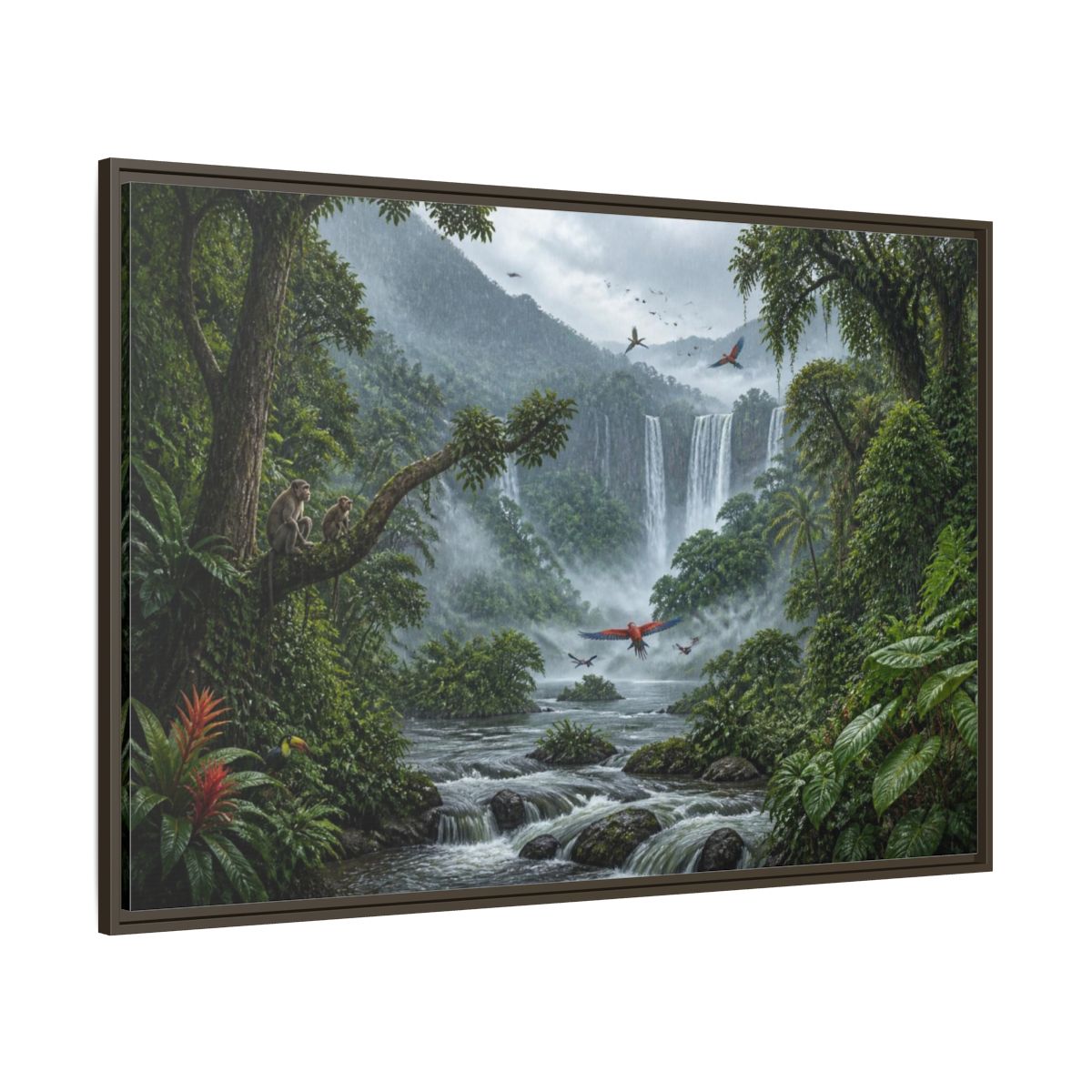 Side Mockup 8. Misty Jungle Waterfall shown as framed canvas print