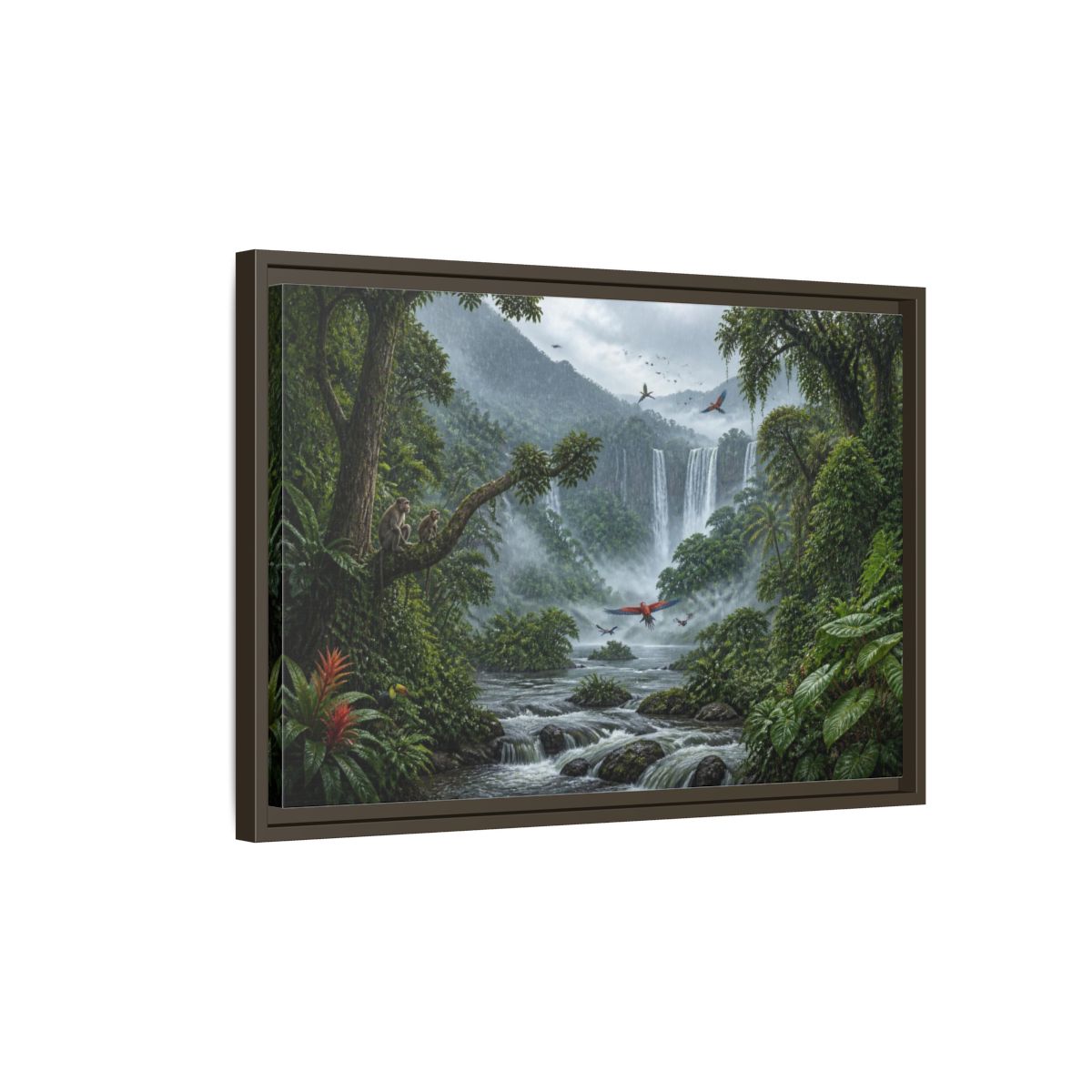 Side Mockup 2. Misty Jungle Waterfall shown as framed canvas print